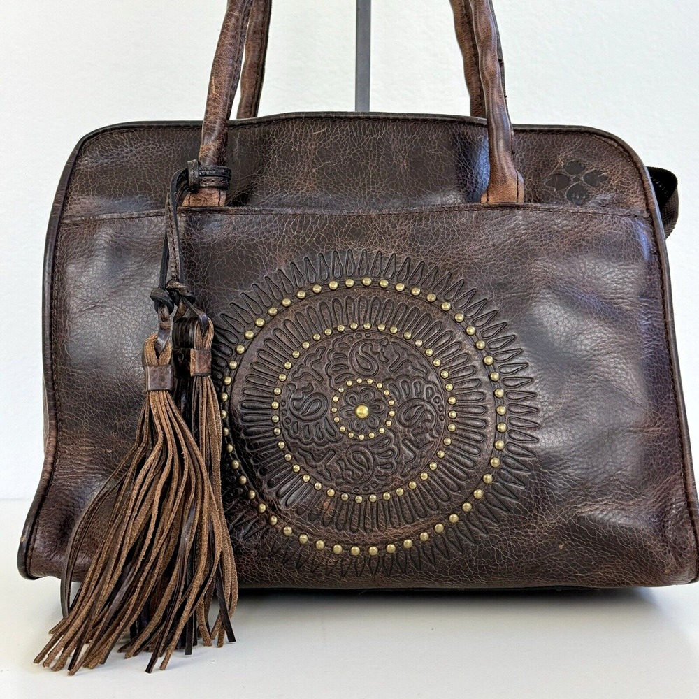 PATRICIA NASH Paris Tooled Leather Tassel Studded Satchel Bag Brown Boho Artisan - Picture 3 of 16